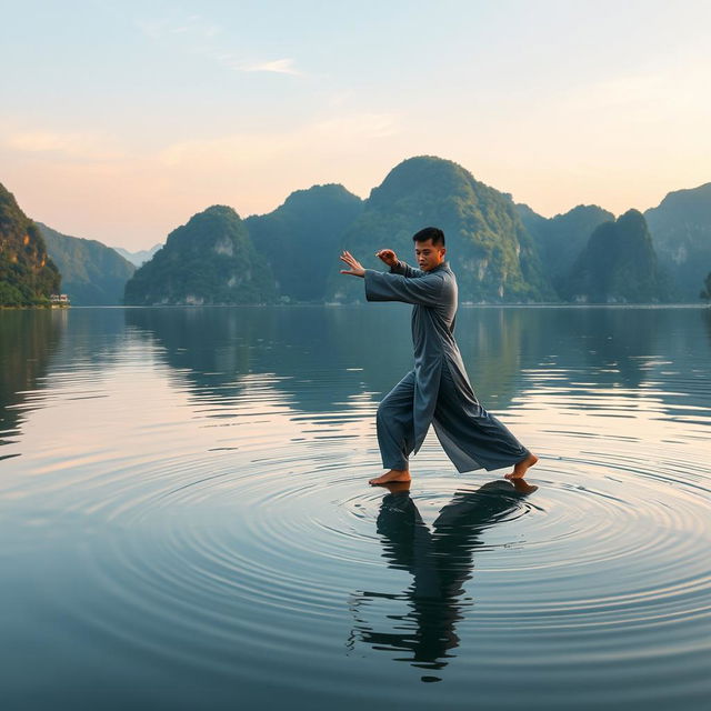 A serene scene featuring a practitioner performing Tai Chi, gracefully flowing through movements over the tranquil waters of Yangshuo Lake