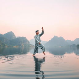 A serene scene featuring a practitioner performing Tai Chi, gracefully flowing through movements over the tranquil waters of Yangshuo Lake