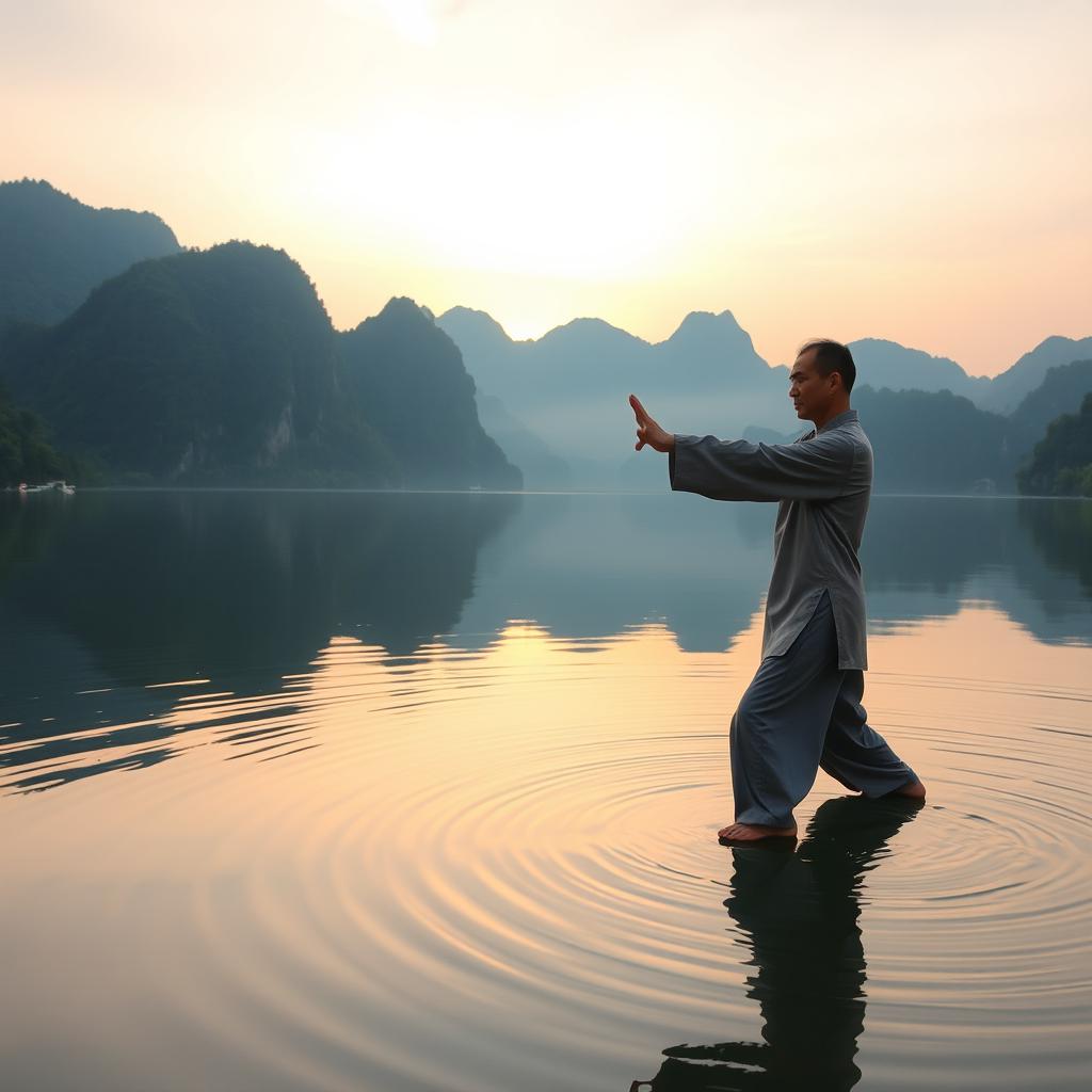 A serene scene featuring a practitioner performing Tai Chi, gracefully flowing through movements over the tranquil waters of Yangshuo Lake