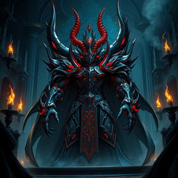 A powerful, menacing Demonic Emperor from an epic fantasy manhwa, featuring intricate detailed armor adorned with dark patterns and spikes, glowing red eyes that radiate an ominous aura, surrounded by shadows and dark energy