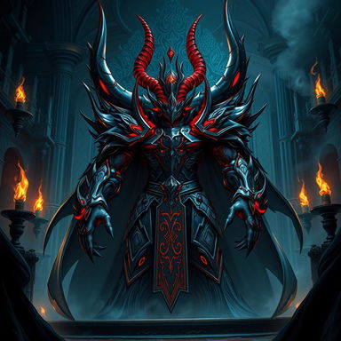 A powerful, menacing Demonic Emperor from an epic fantasy manhwa, featuring intricate detailed armor adorned with dark patterns and spikes, glowing red eyes that radiate an ominous aura, surrounded by shadows and dark energy