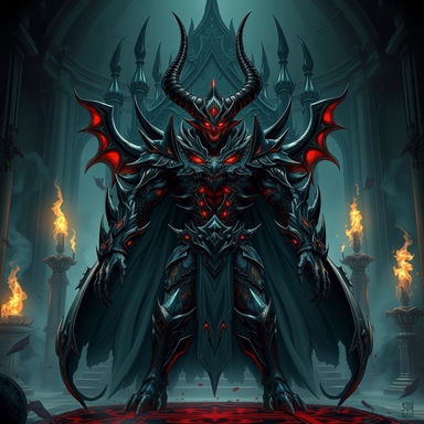 A powerful, menacing Demonic Emperor from an epic fantasy manhwa, featuring intricate detailed armor adorned with dark patterns and spikes, glowing red eyes that radiate an ominous aura, surrounded by shadows and dark energy