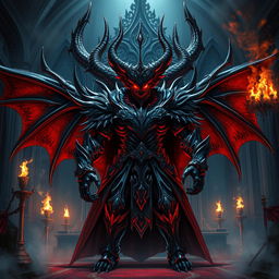 A powerful, menacing Demonic Emperor from an epic fantasy manhwa, featuring intricate detailed armor adorned with dark patterns and spikes, glowing red eyes that radiate an ominous aura, surrounded by shadows and dark energy