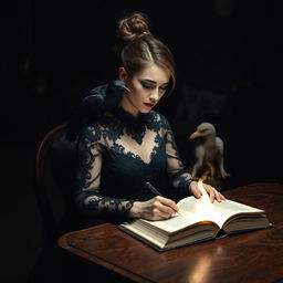 In a dimly lit room, a woman is depicted sitting at a wooden desk