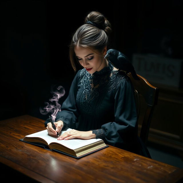 In a dimly lit room, a woman is depicted sitting at a wooden desk