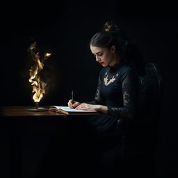 In a dimly lit room, a woman is depicted sitting at a wooden desk