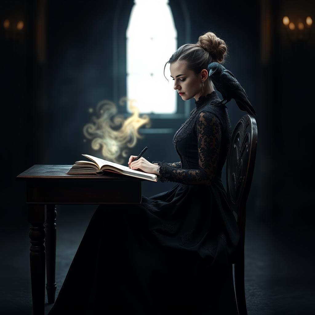 In a dimly lit room, a woman is depicted sitting at a wooden desk