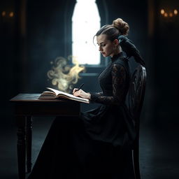 In a dimly lit room, a woman is depicted sitting at a wooden desk