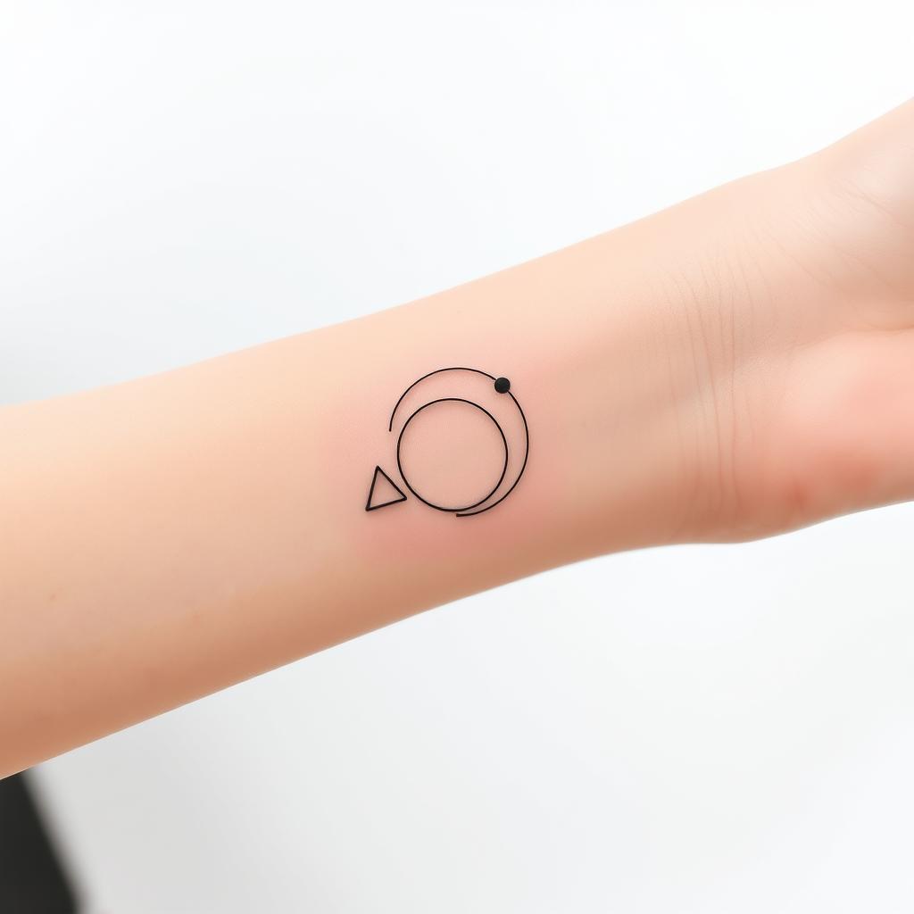 A minimalistic tattoo design featuring geometric shapes and fine line work, elegantly arranged on the forearm