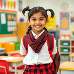 A small Nepali Asian girl wearing a red and black check skirt and a crisp white shirt, standing in a bright school setting