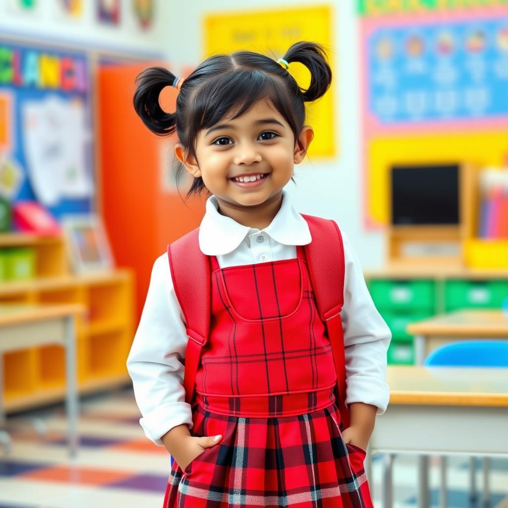 A small Nepali Asian girl wearing a red and black check skirt and a crisp white shirt, standing in a bright school setting