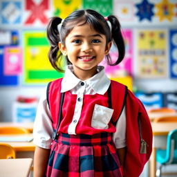 A small Nepali Asian girl wearing a red and black check skirt and a crisp white shirt, standing in a bright school setting