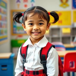 A small Nepali Asian girl wearing a red and black check skirt and a crisp white shirt, standing in a bright school setting