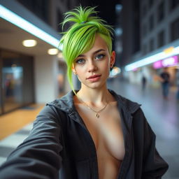 A stunning portrait of a young woman resembling Billie Eilish, with distinctive lime green hair styled in a unique way, showcasing an oversized casual outfit