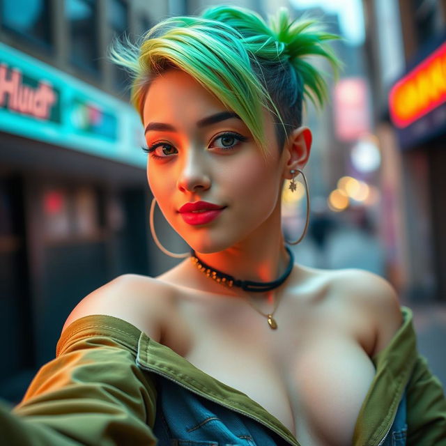 A stunning portrait of a young woman resembling Billie Eilish, with distinctive lime green hair styled in a unique way, showcasing an oversized casual outfit