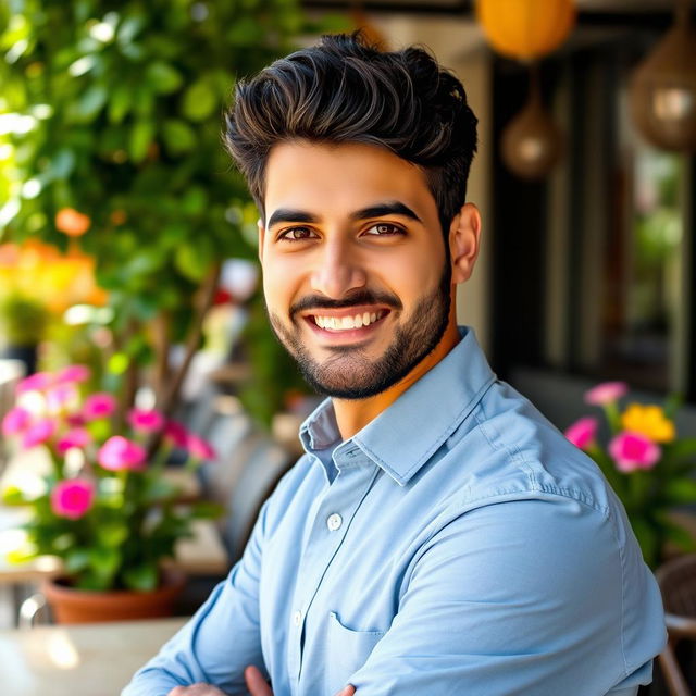 Portrait of a confident man named Akram Jaber, with a charming smile and captivating gaze