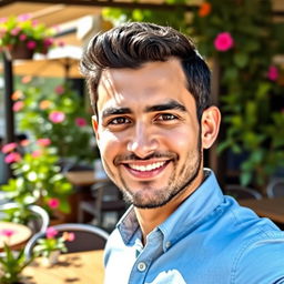Portrait of a confident man named Akram Jaber, with a charming smile and captivating gaze