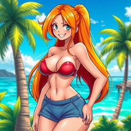 A highly stylized illustration of a sexy character inspired by Nami from One Piece, featuring her with exaggerated, large breasts