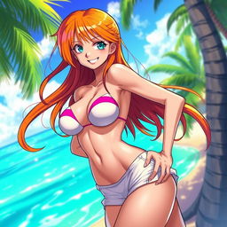 A highly stylized illustration of a sexy character inspired by Nami from One Piece, featuring her with exaggerated, large breasts