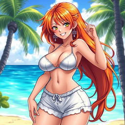 A highly stylized illustration of a sexy character inspired by Nami from One Piece, featuring her with exaggerated, large breasts