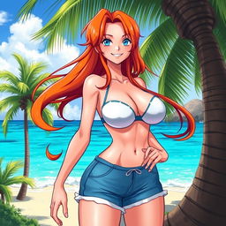 A highly stylized illustration of a sexy character inspired by Nami from One Piece, featuring her with exaggerated, large breasts