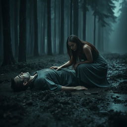 A dramatic scene set in a dark forest under heavy rain, with a foggy and dim atmosphere among the tall trees