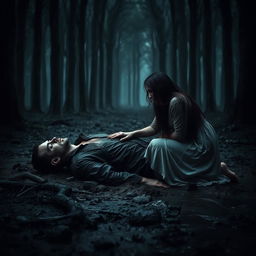 A dramatic scene set in a dark forest under heavy rain, with a foggy and dim atmosphere among the tall trees