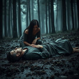 A dramatic scene set in a dark forest under heavy rain, with a foggy and dim atmosphere among the tall trees