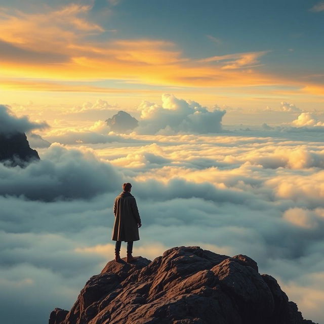 A serene and dramatic landscape featuring a lone figure standing atop a rocky outcrop, gazing out over a vast expanse of clouds