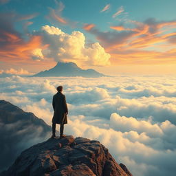 A serene and dramatic landscape featuring a lone figure standing atop a rocky outcrop, gazing out over a vast expanse of clouds