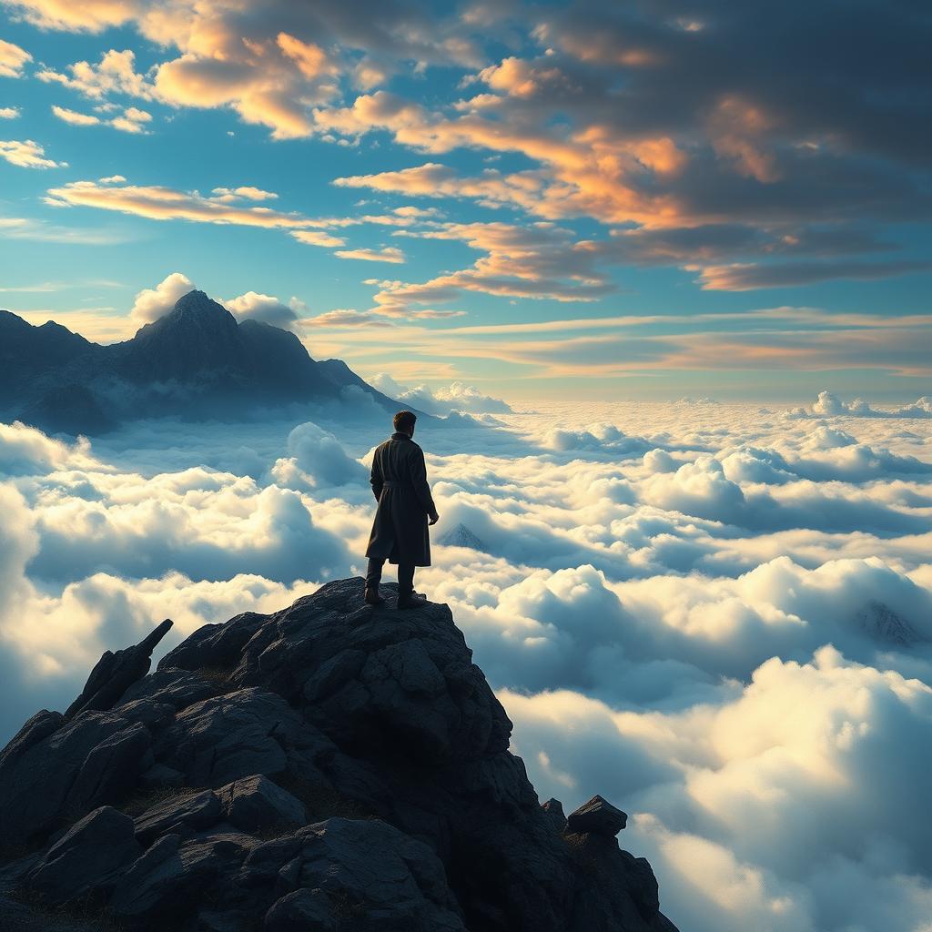 A serene and dramatic landscape featuring a lone figure standing atop a rocky outcrop, gazing out over a vast expanse of clouds