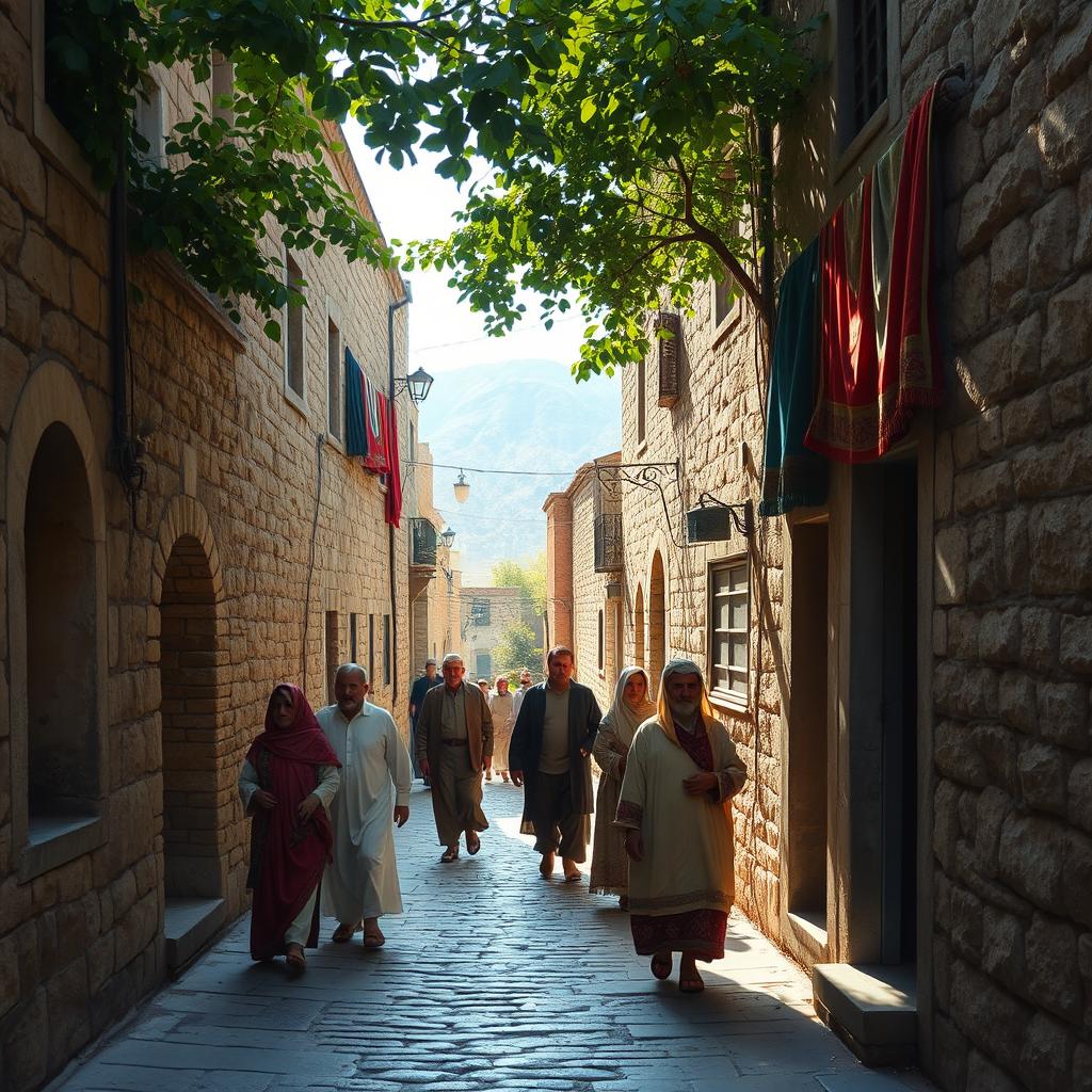 An old alley in Iran in the year 1360, featuring cobblestone streets lined with ancient stone buildings