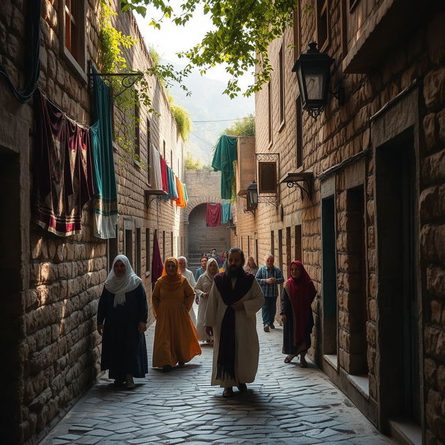 An old alley in Iran in the year 1360, featuring cobblestone streets lined with ancient stone buildings