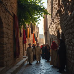 An old alley in Iran in the year 1360, featuring cobblestone streets lined with ancient stone buildings