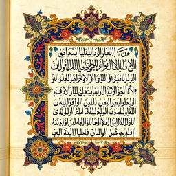 A beautifully illustrated manuscript page featuring intricate Arabic calligraphy and elaborate gold leaf embellishments typical of Tazhib (Islamic illumination)