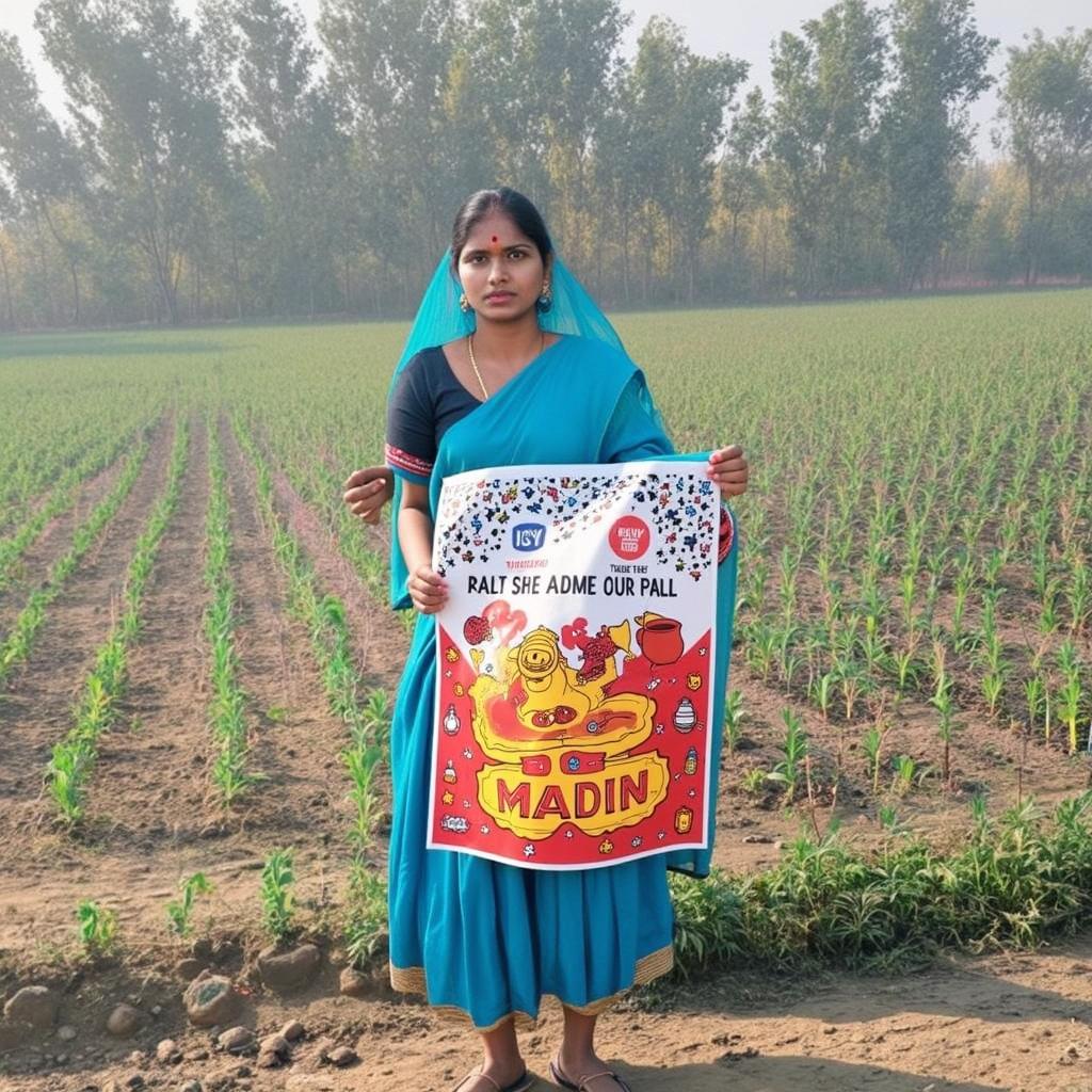 A rural Indian woman standing confidently in an agricultural field, without holding a poster