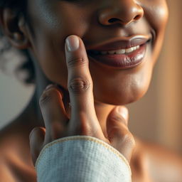 A close-up portrait of a person with a bandage on their hand, showcasing the texture of the bandage and the skin around it