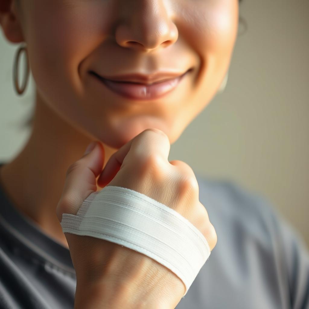 A close-up portrait of a person with a bandage on their hand, showcasing the texture of the bandage and the skin around it