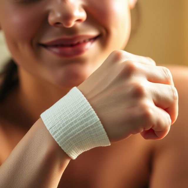 A close-up portrait of a person with a bandage on their hand, showcasing the texture of the bandage and the skin around it