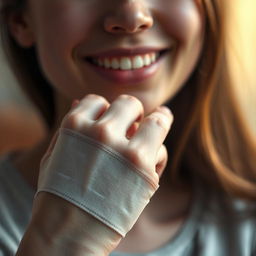 A close-up portrait of a person with a bandage on their hand, showcasing the texture of the bandage and the skin around it