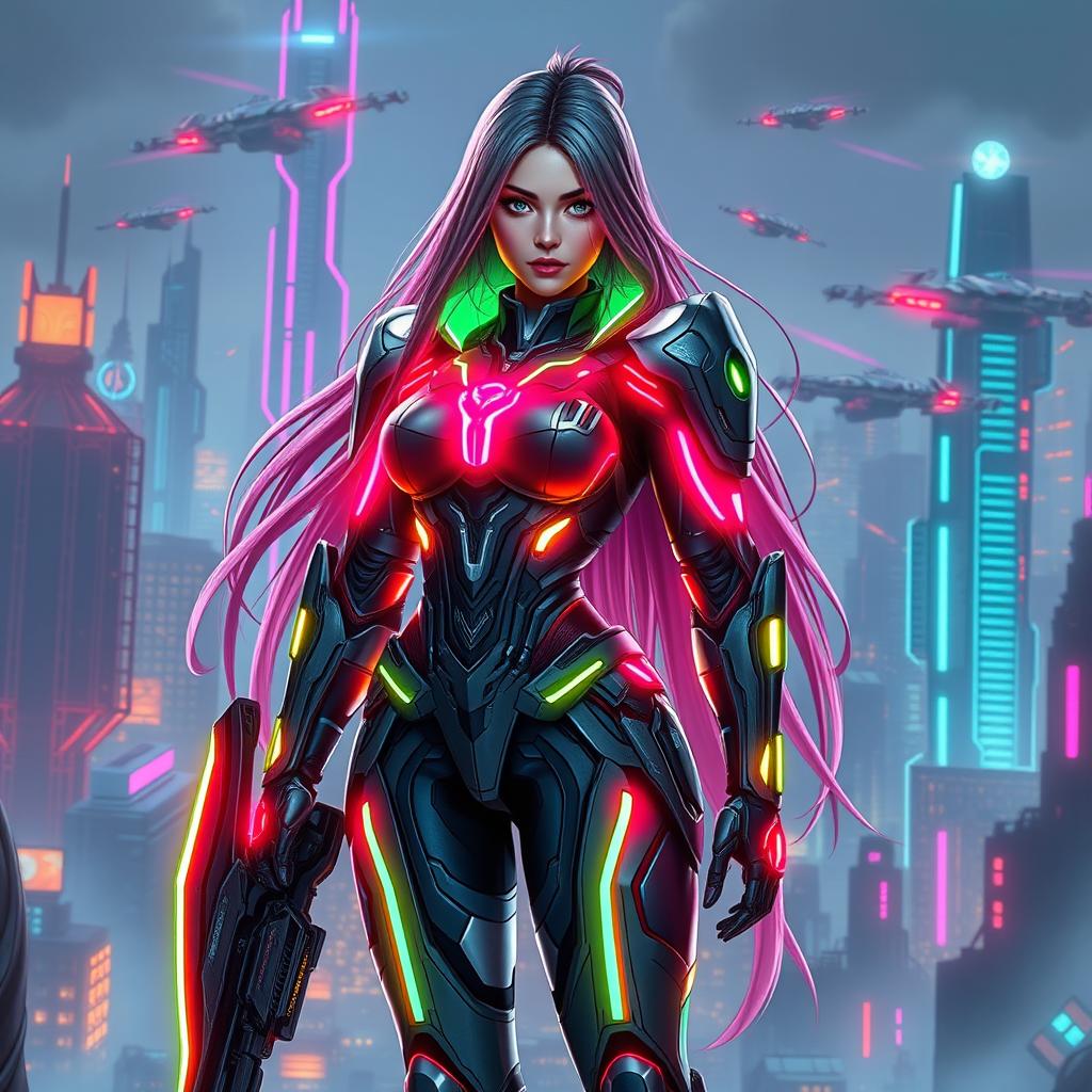 A female futuristic guardian standing tall, clad in a sleek, high-tech armor that glows with neon accents