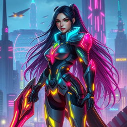 A female futuristic guardian standing tall, clad in a sleek, high-tech armor that glows with neon accents