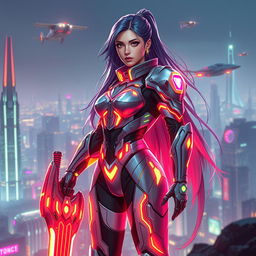 A female futuristic guardian standing tall, clad in a sleek, high-tech armor that glows with neon accents