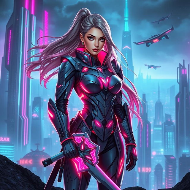 A female futuristic guardian standing tall, clad in a sleek, high-tech armor that glows with neon accents