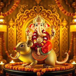 A depiction of Lord Ganesha sitting on his traditional vahana (vehicle), an intricately designed mouse, in an ornate golden and festive background