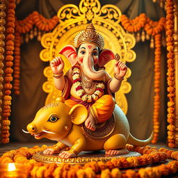 A depiction of Lord Ganesha sitting on his traditional vahana (vehicle), an intricately designed mouse, in an ornate golden and festive background