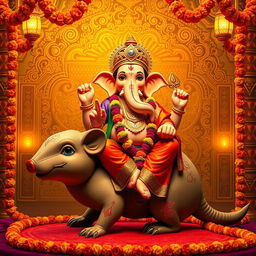 A depiction of Lord Ganesha sitting on his traditional vahana (vehicle), an intricately designed mouse, in an ornate golden and festive background