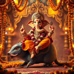 A depiction of Lord Ganesha sitting on his traditional vahana (vehicle), an intricately designed mouse, in an ornate golden and festive background