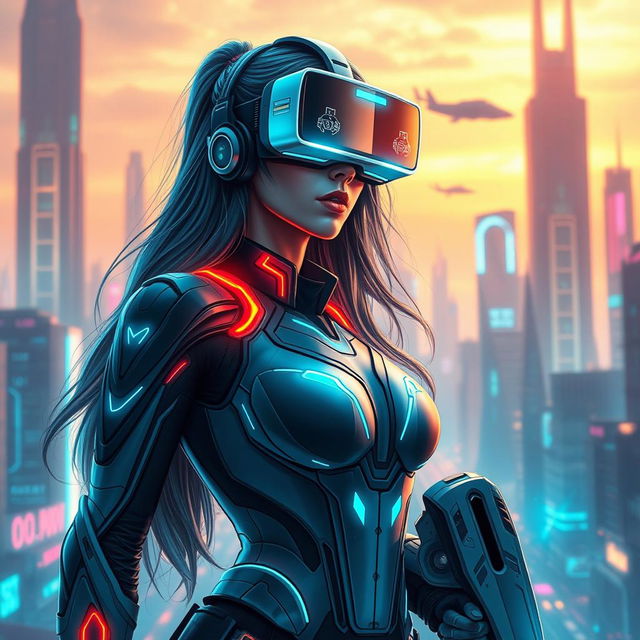 A female futuristic guardian standing confidently, wearing high-tech VR glasses that project digital data around her