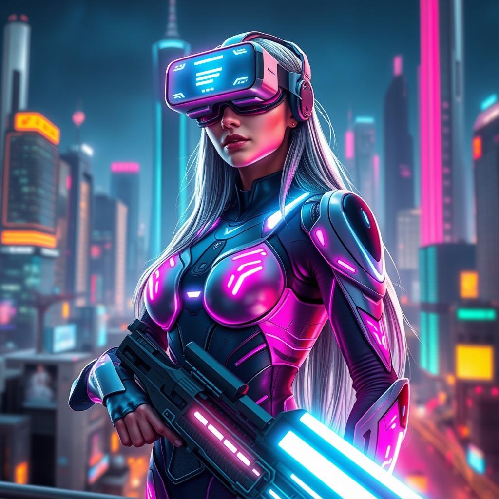 A female futuristic guardian standing confidently, wearing high-tech VR glasses that project digital data around her